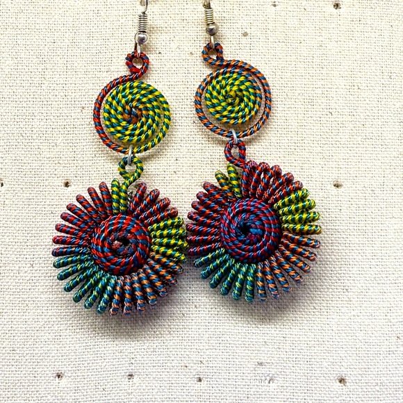 Handmade Jewelry - Red and Blue Spiral Beaded Earrings